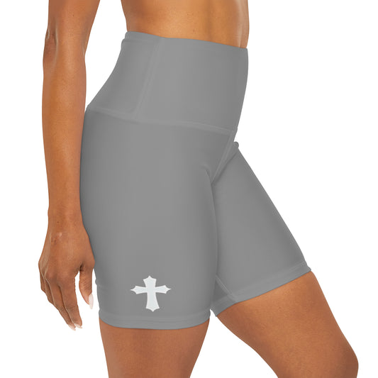 High Waisted "Cross" Yoga Shorts (Grey & White)